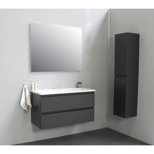 Solidline badkamermeubelset | 100cm | Acryl | Wit | 0 | Mat antraciet | Standaard spiegel | Geassembleerd Solidline Solidline badkamermeubelset | 100cm | Acryl | Wit | 0 | Mat antraciet | Standaard spiegel | Geassembleerd