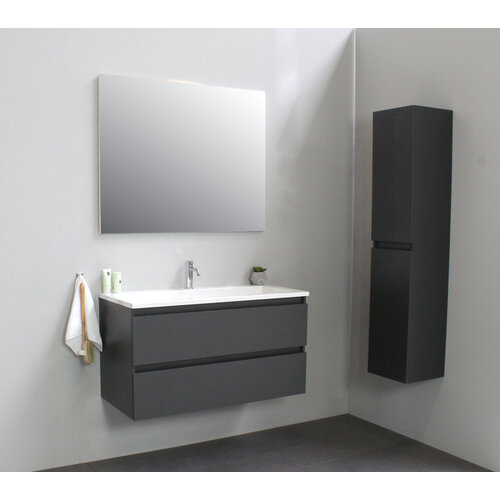 Solidline badkamermeubelset | 100cm | Acryl | Wit | 1 | Mat antraciet | Standaard spiegel | Geassembleerd Solidline Solidline badkamermeubelset | 100cm | Acryl | Wit | 1 | Mat antraciet | Standaard spiegel | Geassembleerd