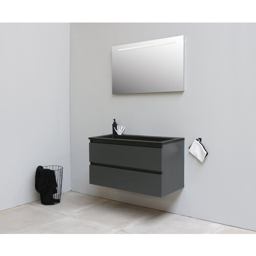 Solidline badkamermeubelset | 100cm | Acryl | Mat zwart | 0 | Mat antraciet | Spiegel met LED verlichting | Geassembleerd Solidline Solidline badkamermeubelset | 100cm | Acryl | Mat zwart | 0 | Mat antraciet | Spiegel met LED verlichting | Geassembleerd