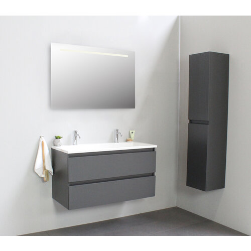 Solidline badkamermeubelset | 100cm | Acryl | Wit | 2 | Mat antraciet | Spiegel met LED verlichting | Geassembleerd Solidline Solidline badkamermeubelset | 100cm | Acryl | Wit | 2 | Mat antraciet | Spiegel met LED verlichting | Geassembleerd