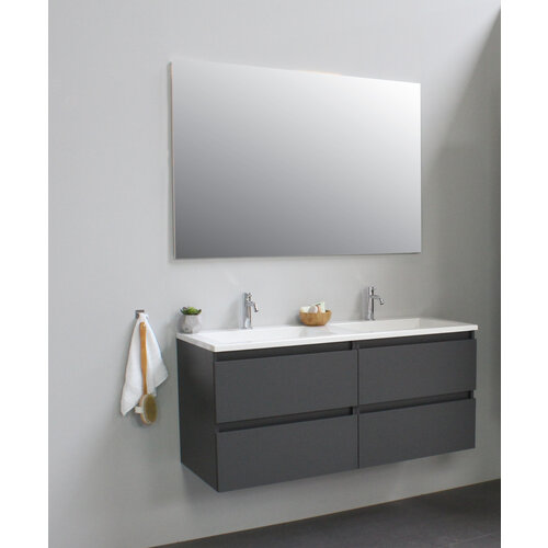 Solidline Solidline badkamermeubelset | 120cm | Acryl | Wit | 2 | Mat antraciet | Standaard spiegel | Geassembleerd
