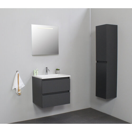 Solidline badkamermeubelset | 60cm | Acryl | Wit | 1 | Mat antraciet | Spiegel met LED verlichting | Geassembleerd Solidline Solidline badkamermeubelset | 60cm | Acryl | Wit | 1 | Mat antraciet | Spiegel met LED verlichting | Geassembleerd