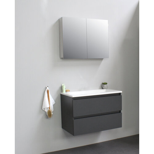 Solidline badkamermeubelset | 80cm | Acryl | Wit | 0 | Mat antraciet | Met spiegelkast | Geassembleerd Solidline Solidline badkamermeubelset | 80cm | Acryl | Wit | 0 | Mat antraciet | Met spiegelkast | Geassembleerd