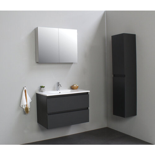 Solidline Solidline badkamermeubelset | 80cm | Keramiek | Wit | 1 | Mat antraciet | Met spiegelkast | Geassembleerd