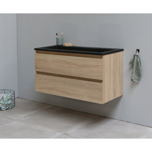 Solidline Solidline badkamermeubelset | 100cm | Keramiek | Mat zwart | 1 | Eiken | Zonder spiegel | Bouwpakket