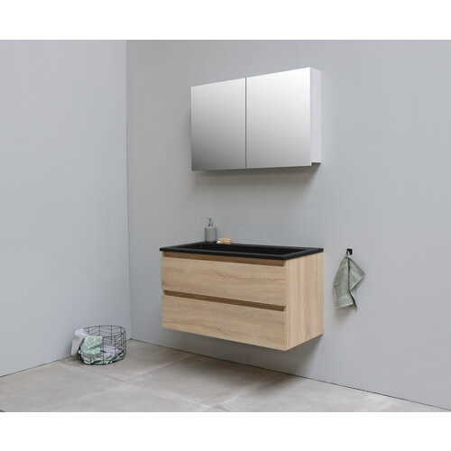 Solidline badkamermeubelset | 100cm | Keramiek | Mat zwart | 2 | Eiken | Met spiegelkast | Bouwpakket Solidline Solidline badkamermeubelset | 100cm | Keramiek | Mat zwart | 2 | Eiken | Met spiegelkast | Bouwpakket