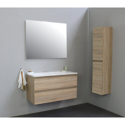 Solidline Solidline badkamermeubelset | 100cm | Keramiek | Wit | 0 | Eiken | Standaard spiegel | Bouwpakket