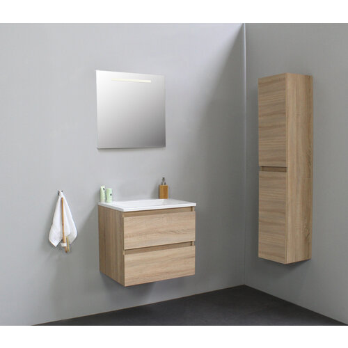 Solidline Solidline badkamermeubelset | 60cm | Keramiek | Wit | 2 | Eiken | Spiegel met LED verlichting | Geassembleerd