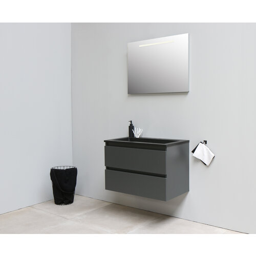 Solidline Solidline badkamermeubelset | 80cm | Keramiek | Mat zwart | 2 | Mat antraciet | Spiegel met LED verlichting | Bouwpakket