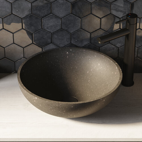 Brauer Molten rond opzetwastafel rond 42cm natuursteen bastalt zwart Brauer Brauer Molten rond opzetwastafel rond 42cm natuursteen bastalt zwart