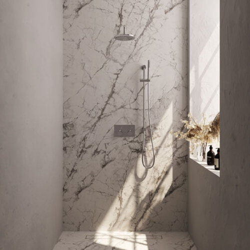 Brauer Brauer Chrome Carving thermostatische inbouw regendouche met drukknoppen SET 63 met 20 cm douchekop en gebogen muurarm en staaf handdouche en doucheslang en geïntegreerde glijstang chroom | Chroom | 20cm | Ja | Gebogen wandarm | Staafmodel