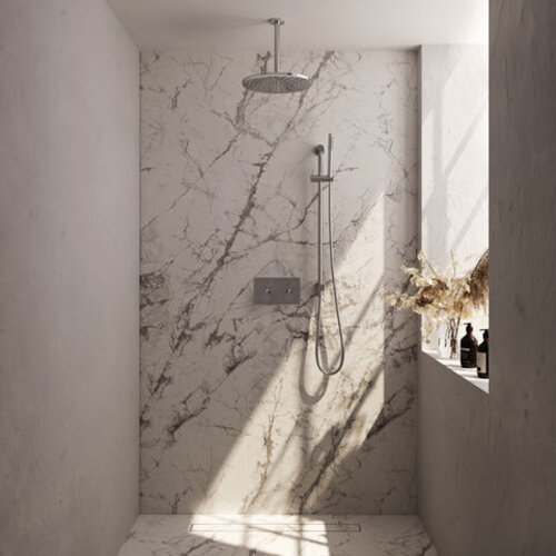 Brauer Brauer Chrome Carving thermostatische inbouw regendouche met drukknoppen SET 66 met 30 cm douchekop en plafondarm en staaf handdouche en doucheslang en geïntegreerde glijstang chroom | Chroom | 30cm | Ja | Plafondbuis | Staafmodel