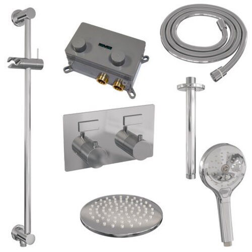 Brauer Brauer Chrome Carving thermostatische inbouw regendouche met drukknoppen SET 71 met 20 cm douchekop en plafondarm en 3-standen handdouche en doucheslang en geïntegreerde glijstang chroom | Chroom | 20cm | Ja | Plafondbuis | Rond model