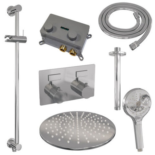 Brauer Brauer Chrome Carving thermostatische inbouw regendouche met drukknoppen SET 72 met 30 cm douchekop en plafondarm en 3-standen handdouche en doucheslang en geïntegreerde glijstang chroom | Chroom | 30cm | Ja | Plafondbuis | Rond model