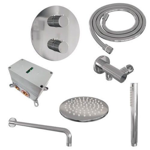 Brauer Brauer Chrome Carving thermostatische inbouw regendouche 3-weg rond SET 75 met 20 cm douchekop en gebogen muurarm en staaf handdouche en doucheslang en wandaansluitbocht chroom | Chroom | 20cm | Nee | Gebogen wandarm | Staafmodel