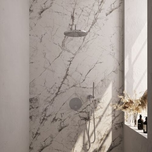 Brauer Brauer Chrome Carving thermostatische inbouw regendouche 3-weg rond SET 76 met 30 cm douchekop en gebogen muurarm en staaf handdouche en doucheslang en wandaansluitbocht chroom | Chroom | 30cm | Nee | Gebogen wandarm | Staafmodel