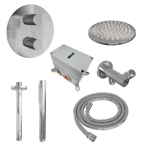 Brauer Brauer Chrome Carving thermostatische inbouw regendouche 3-weg rond SET 77 met 20 cm douchekop en plafondarm en staaf handdouche en doucheslang en wandaansluitbocht chroom | Chroom | 20cm | Nee | Plafondbuis | Staafmodel