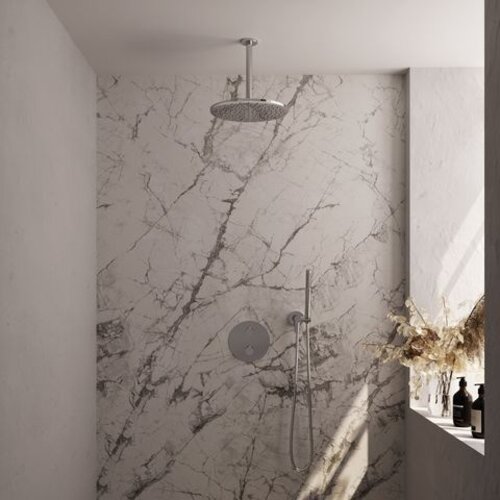 Brauer Brauer Chrome Carving thermostatische inbouw regendouche 3-weg rond SET 78 met 30 cm douchekop en plafondarm en staaf handdouche en doucheslang en wandaansluitbocht chroom | Chroom | 30cm | Nee | Plafondbuis | Staafmodel