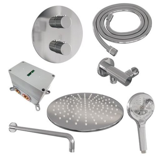 Brauer Brauer Chrome Carving thermostatische inbouw regendouche 3-weg rond SET 82 met 30 cm douchekop en gebogen muurarm en 3-standen handdouche en doucheslang en wandaansluitbocht chroom | Chroom | 30cm | Nee | Gebogen wandarm | 3-standen handdouche