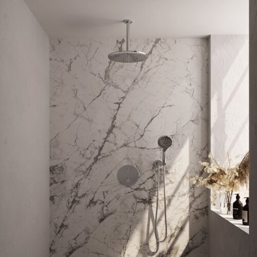 Brauer Brauer Chrome Carving thermostatische inbouw regendouche 3-weg rond SET 84 met 30 cm douchekop en plafondarm en 3-standen handdouche en doucheslang en wandaansluitbocht chroom | Chroom | 30cm | Nee | Plafondbuis | 3-standen handdouche