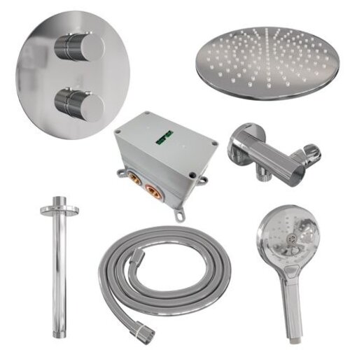Brauer Brauer Chrome Carving thermostatische inbouw regendouche 3-weg rond SET 84 met 30 cm douchekop en plafondarm en 3-standen handdouche en doucheslang en wandaansluitbocht chroom | Chroom | 30cm | Nee | Plafondbuis | 3-standen handdouche