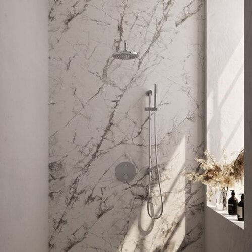 Brauer Brauer Chrome Carving thermostatische inbouw regendouche 3-weg rond SET 87 met 20 cm douchekop en gebogen muurarm en staaf handdouche en doucheslang en geïntegreerde glijstang chroom | Chroom | 20cm | Ja | Gebogen wandarm | Staafmodel