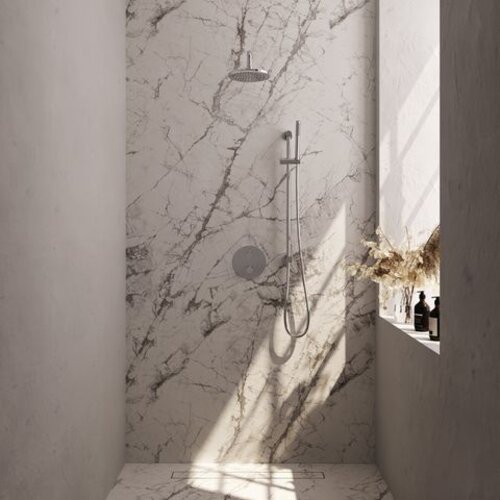 Brauer Brauer Chrome Carving thermostatische inbouw regendouche 3-weg rond SET 87 met 20 cm douchekop en gebogen muurarm en staaf handdouche en doucheslang en geïntegreerde glijstang chroom | Chroom | 20cm | Ja | Gebogen wandarm | Staafmodel