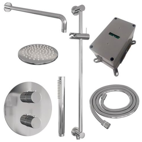 Brauer Brauer Chrome Carving thermostatische inbouw regendouche 3-weg rond SET 87 met 20 cm douchekop en gebogen muurarm en staaf handdouche en doucheslang en geïntegreerde glijstang chroom | Chroom | 20cm | Ja | Gebogen wandarm | Staafmodel