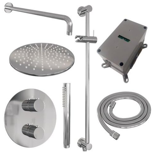 Brauer Brauer Chrome Carving thermostatische inbouw regendouche 3-weg rond SET 88 met 30 cm douchekop en gebogen muurarm en staaf handdouche en doucheslang en geïntegreerde glijstang chroom | Chroom | 30cm | Ja | Gebogen wandarm | Staafmodel