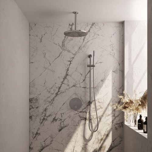 Brauer Brauer Chrome Carving thermostatische inbouw regendouche 3-weg rond SET 90 met 30 cm douchekop en plafondarm en staaf handdouche en doucheslang en geïntegreerde glijstang chroom | Chroom | 30cm | Ja | Plafondbuis | Staafmodel