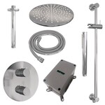 Brauer Brauer Chrome Carving thermostatische inbouw regendouche 3-weg rond SET 90 met 30 cm douchekop en plafondarm en staaf handdouche en doucheslang en geïntegreerde glijstang chroom | Chroom | 30cm | Ja | Plafondbuis | Staafmodel