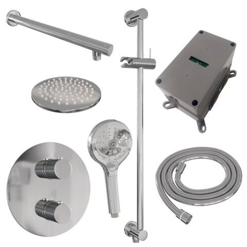 Brauer Brauer Chrome Carving thermostatische inbouw regendouche 3-weg rond SET 91 met 20 cm douchekop en rechte muurarm en 3-standen handdouche en doucheslang en geïntegreerde glijstang chroom | Chroom | 20cm | Ja | Rechte wandarm | 3-standen handdouche