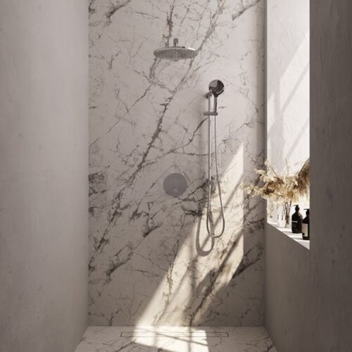 Brauer Brauer Chrome Carving thermostatische inbouw regendouche 3-weg rond SET 92 met 30 cm douchekop en rechte muurarm en 3-standen handdouche en doucheslang en geïntegreerde glijstang chroom | Chroom | 30cm | Ja | Rechte wandarm | 3-standen handdouche