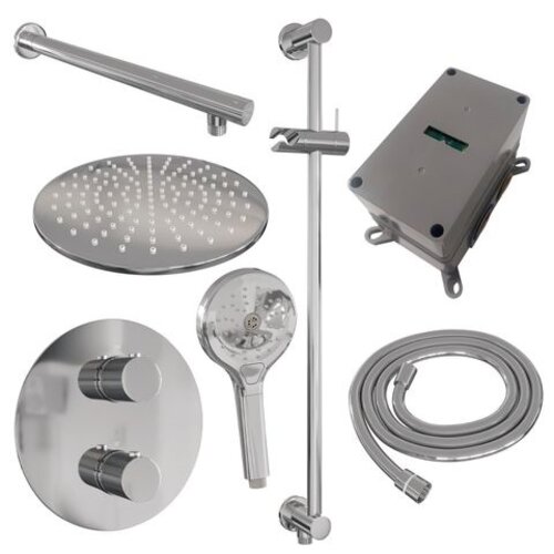 Brauer Brauer Chrome Carving thermostatische inbouw regendouche 3-weg rond SET 92 met 30 cm douchekop en rechte muurarm en 3-standen handdouche en doucheslang en geïntegreerde glijstang chroom | Chroom | 30cm | Ja | Rechte wandarm | 3-standen handdouche