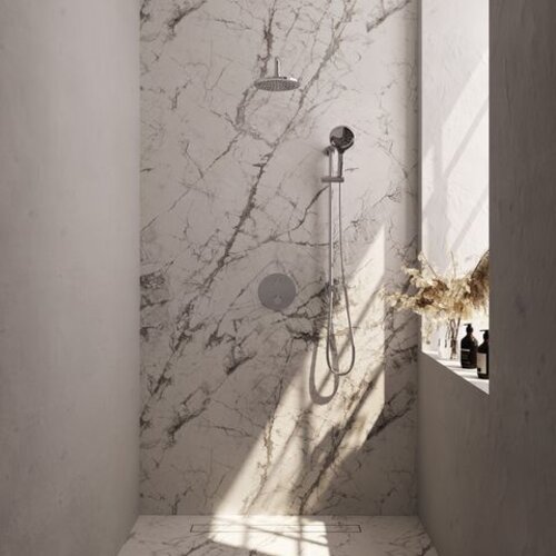 Brauer Brauer Chrome Carving thermostatische inbouw regendouche 3-weg rond SET 93 met 20 cm douchekop en gebogen muurarm en 3-standen handdouche en doucheslang en geïntegreerde glijstang chroom | Chroom | 20cm | Ja | Gebogen wandarm | 3-standen handdouche