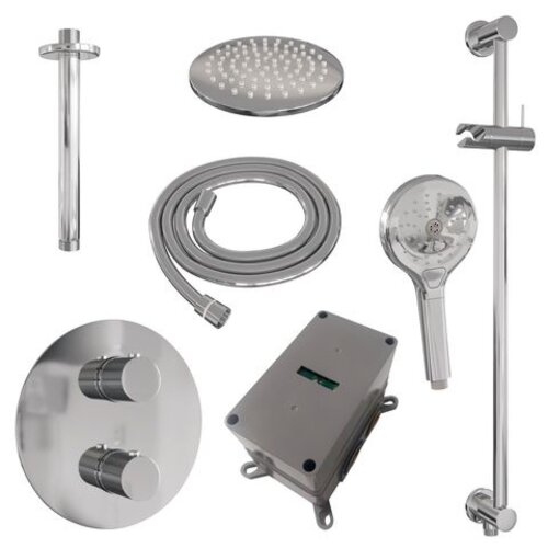 Brauer Brauer Chrome Carving thermostatische inbouw regendouche 3-weg rond SET 95 met 20 cm douchekop en plafondarm en 3-standen handdouche en doucheslang en geïntegreerde glijstang chroom | Chroom | 20cm | Ja | Plafondbuis | 3-standen handdouche