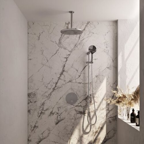 Brauer Brauer Chrome Carving thermostatische inbouw regendouche 3-weg rond SET 96 met 30 cm douchekop en plafondarm en 3-standen handdouche en doucheslang en geïntegreerde glijstang chroom | Chroom | 30cm | Ja | Plafondbuis | 3-standen handdouche