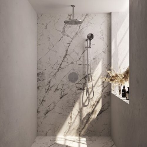 Brauer Brauer Chrome Carving thermostatische inbouw regendouche 3-weg rond SET 96 met 30 cm douchekop en plafondarm en 3-standen handdouche en doucheslang en geïntegreerde glijstang chroom | Chroom | 30cm | Ja | Plafondbuis | 3-standen handdouche