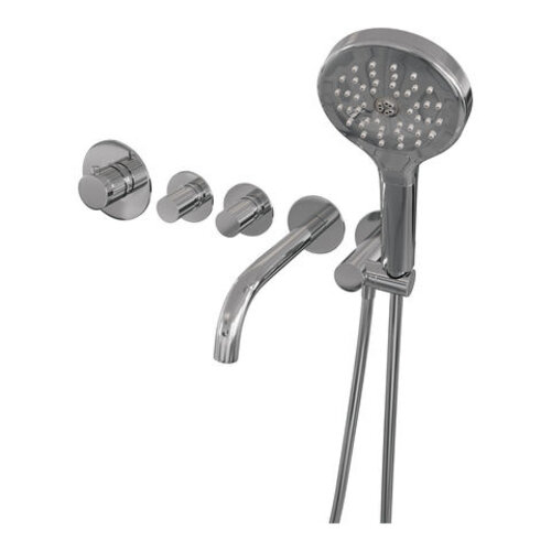 Brauer Brauer Stripe thermostatische inbouw badkraan SET 02 met uitloop en 3-standen handdouche en doucheslang en wandaansluitbocht chroom | Chroom | 3-standen handdouche
