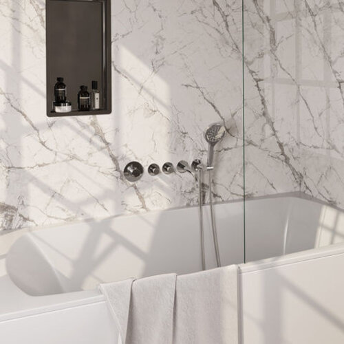 Brauer Brauer Stripe thermostatische inbouw badkraan SET 02 met uitloop en 3-standen handdouche en doucheslang en wandaansluitbocht chroom | Chroom | 3-standen handdouche