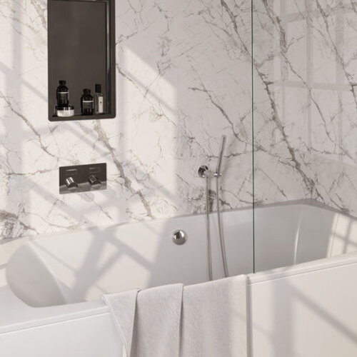 Brauer Brauer Stripe thermostatische inbouw badkraan met drukknoppen SET 03 met badvulcombinatie en staaf handdouche en doucheslang en wandaansluitbocht chroom | Chroom | Staafmodel