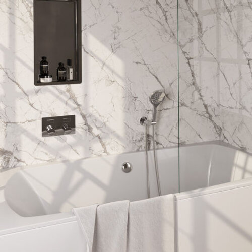 Brauer Brauer Stripe thermostatische inbouw badkraan met drukknoppen SET 04 met badvulcombinatie en 3-standen handdouche en doucheslang en wandaansluitbocht chroom | Chroom | 3-standen handdouche