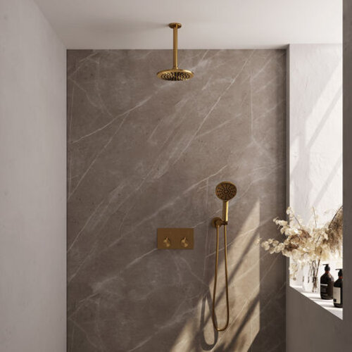 Brauer Brauer Gold Edition thermostatische inbouw regendouche met drukknoppen SET 59 met 20 cm douchekop en plafondarm en 3-standen handdouche en doucheslang en wandaansluitbocht goud geborsteld PVD | Geborsteld goud PVD | 20cm | Nee | Plafondbuis | Rond model