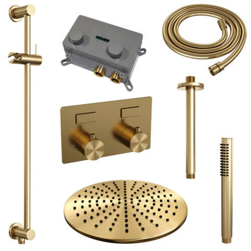 Brauer Brauer Gold Edition thermostatische inbouw regendouche met drukknoppen SET 66 met 30 cm douchekop en plafondarm en staaf handdouche en doucheslang en geïntegreerde glijstang goud geborsteld PVD | Geborsteld goud PVD | 30cm | Ja | Plafondbuis | Staafmodel