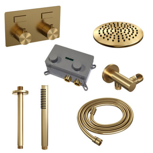 Brauer Brauer Gold Carving thermostatische inbouw regendouche met drukknoppen SET 53 met 20 cm douchekop en plafondarm en staaf handdouche en doucheslang en wandaansluitbocht goud geborsteld PVD | Geborsteld goud PVD | 20cm | Nee | Plafondbuis | Staafmodel