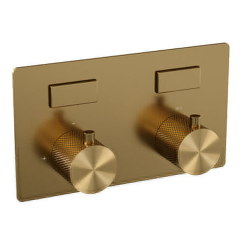 Brauer Brauer Gold Carving thermostatische inbouw regendouche met drukknoppen SET 53 met 20 cm douchekop en plafondarm en staaf handdouche en doucheslang en wandaansluitbocht goud geborsteld PVD | Geborsteld goud PVD | 20cm | Nee | Plafondbuis | Staafmodel