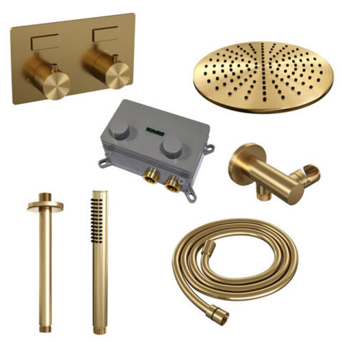 Brauer Brauer Gold Carving thermostatische inbouw regendouche met drukknoppen SET 54 met 30 cm douchekop en plafondarm en staaf handdouche en doucheslang en wandaansluitbocht goud geborsteld PVD | Geborsteld goud PVD | 30cm | Nee | Plafondbuis | Staafmodel
