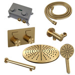Brauer Brauer Gold Carving thermostatische inbouw regendouche met drukknoppen SET 56 met 30 cm douchekop en rechte muurarm en 3-standen handdouche en doucheslang en wandaansluitbocht goud geborsteld PVD | Geborsteld goud PVD | 30cm | Nee | Rechte wandarm | Rond