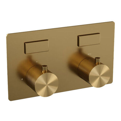 Brauer Brauer Gold Carving thermostatische inbouw regendouche met drukknoppen SET 57 met 20 cm douchekop en gebogen muurarm en 3-standen handdouche en doucheslang en wandaansluitbocht goud geborsteld PVD | Geborsteld goud PVD | 20cm | Nee | Gebogen wandarm | Ron