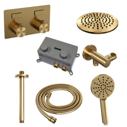 Brauer Brauer Gold Carving thermostatische inbouw regendouche met drukknoppen SET 59 met 20 cm douchekop en plafondarm en 3-standen handdouche en doucheslang en wandaansluitbocht goud geborsteld PVD | Geborsteld goud PVD | 20cm | Nee | Plafondbuis | Rond model